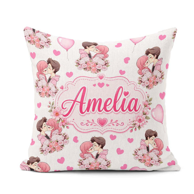 Custom Name Cute Couple Kissing Floral Hearts Balloon Light Grey Square Filled Cushion Throw Pillow Sofa Bed Home Decor Zip Washable UK Made