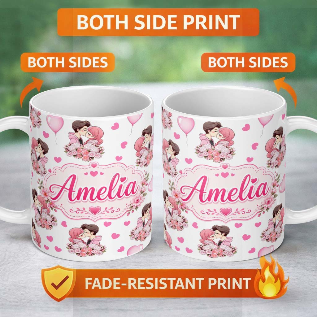 Personalized Custom Name Cute Valentines Couple Kissing Floral Hearts Balloon Light Grey 11oz Ceramic Coffee Tea Mug White Large Handle