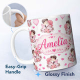 Personalized Custom Name Cute Valentines Couple Kissing Floral Hearts Balloon Light Grey 11oz Ceramic Coffee Tea Mug White Large Handle