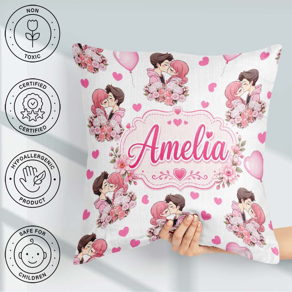 Custom Name Cute Couple Kissing Floral Hearts Balloon Light Grey Square Filled Cushion Throw Pillow Sofa Bed Home Decor Zip Washable UK Made