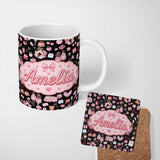 Personalized Custom Name Cute Valentines Couple Love Gifts Hearts Black Background Seamless 11oz Ceramic Coffee Tea Mug White Large Handle