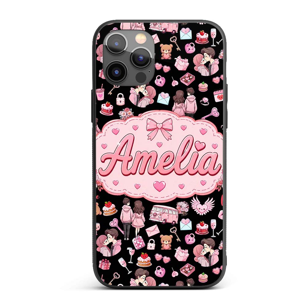 Cute Valentines Couple Love Gifts Hearts Black Custom Name Protective Phone Case Mobile Cover Durable Everyday Smartphone Shock Resistant