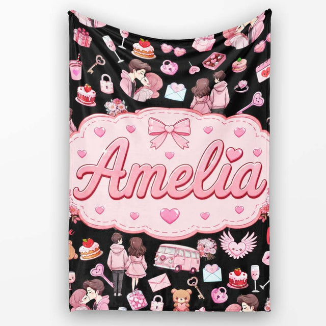 Cute Valentines Couple Love Gifts Hearts Black Background Seamless  Personalised Custom Name Super Soft Fleece Blanket Bed Sofa Throw