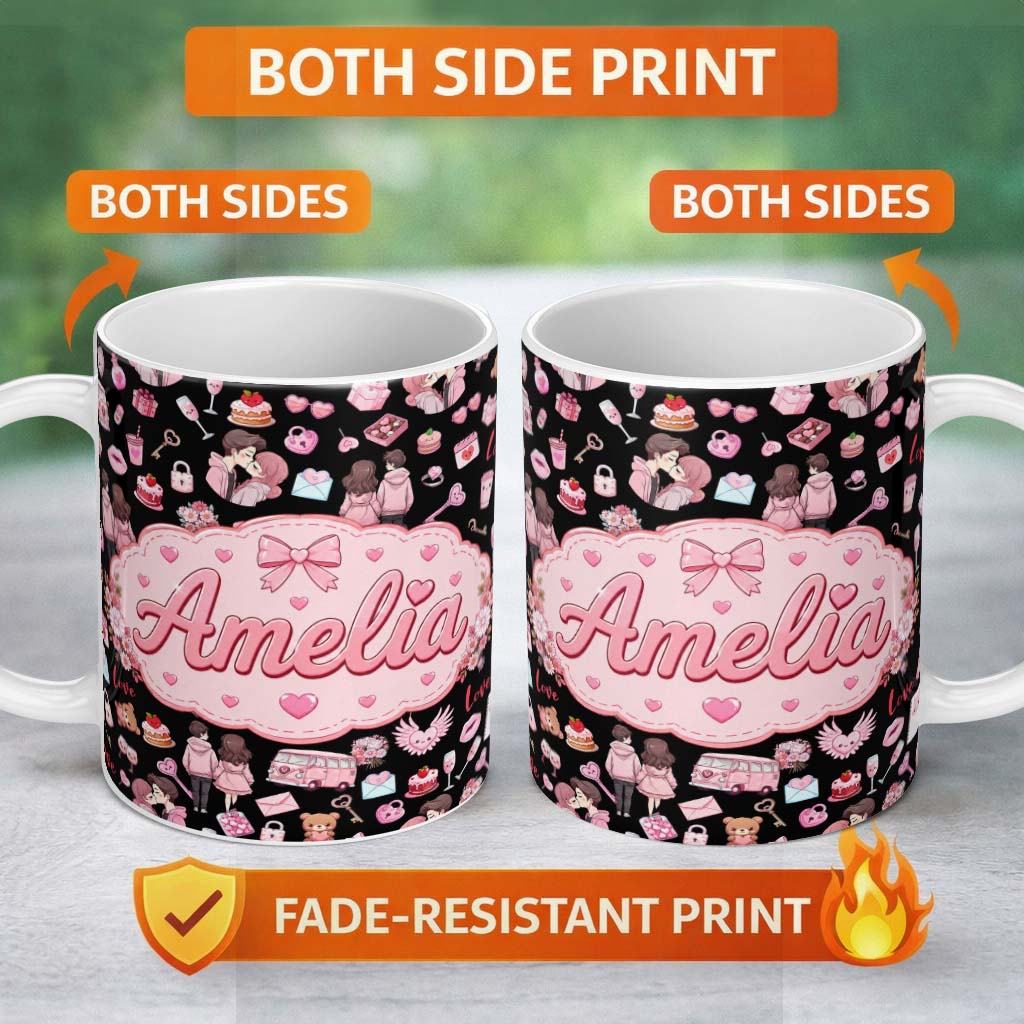 Personalized Custom Name Cute Valentines Couple Love Gifts Hearts Black Background Seamless 11oz Ceramic Coffee Tea Mug White Large Handle