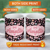 Personalized Custom Name Cute Valentines Couple Love Gifts Hearts Black Background Seamless 11oz Ceramic Coffee Tea Mug White Large Handle