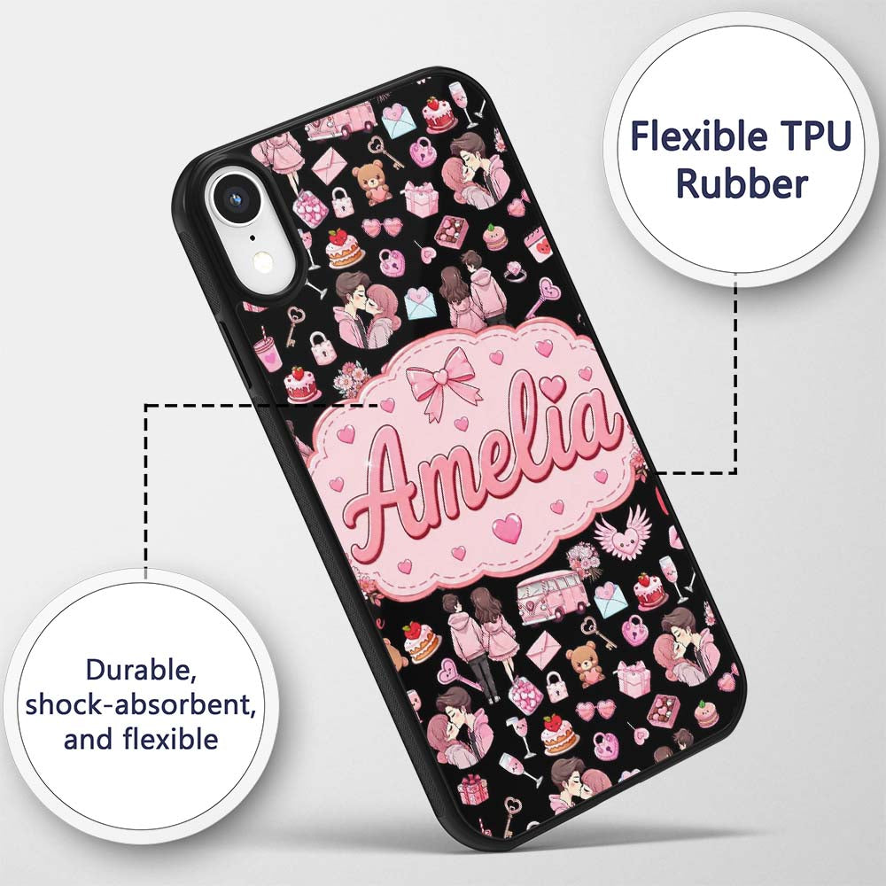 Cute Valentines Couple Love Gifts Hearts Black Custom Name Protective Phone Case Mobile Cover Durable Everyday Smartphone Shock Resistant