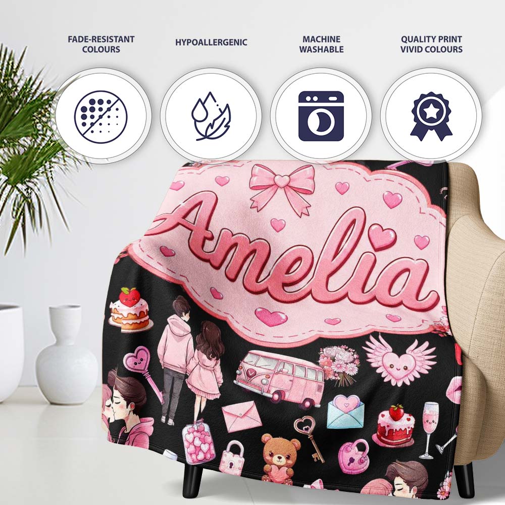 Cute Valentines Couple Love Gifts Hearts Black Background Seamless  Personalised Custom Name Super Soft Fleece Blanket Bed Sofa Throw