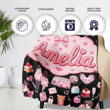 Cute Valentines Couple Love Gifts Hearts Black Background Seamless  Personalised Custom Name Super Soft Fleece Blanket Bed Sofa Throw