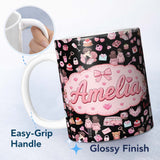Personalized Custom Name Cute Valentines Couple Love Gifts Hearts Black Background Seamless 11oz Ceramic Coffee Tea Mug White Large Handle