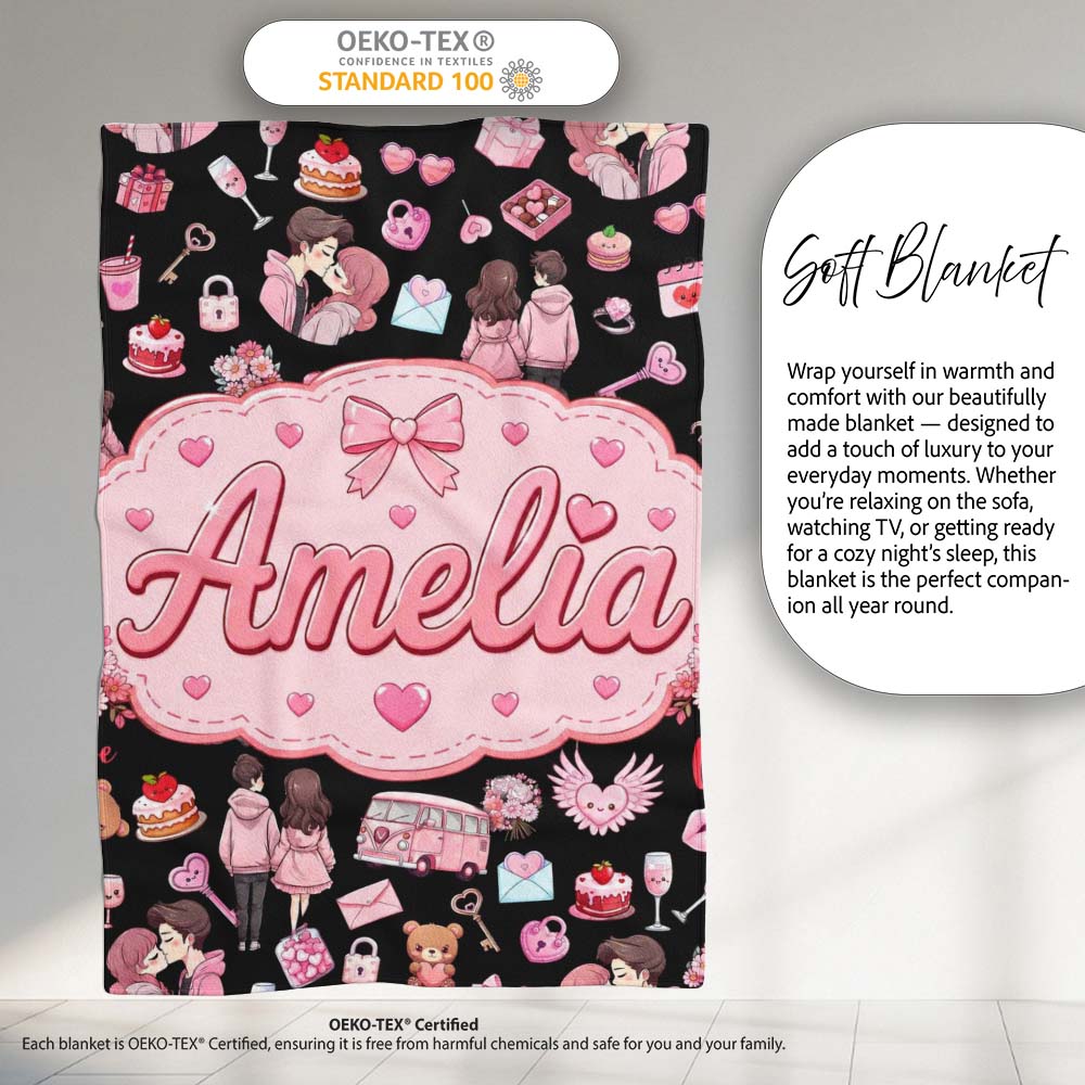 Cute Valentines Couple Love Gifts Hearts Black Background Seamless  Personalised Custom Name Super Soft Fleece Blanket Bed Sofa Throw