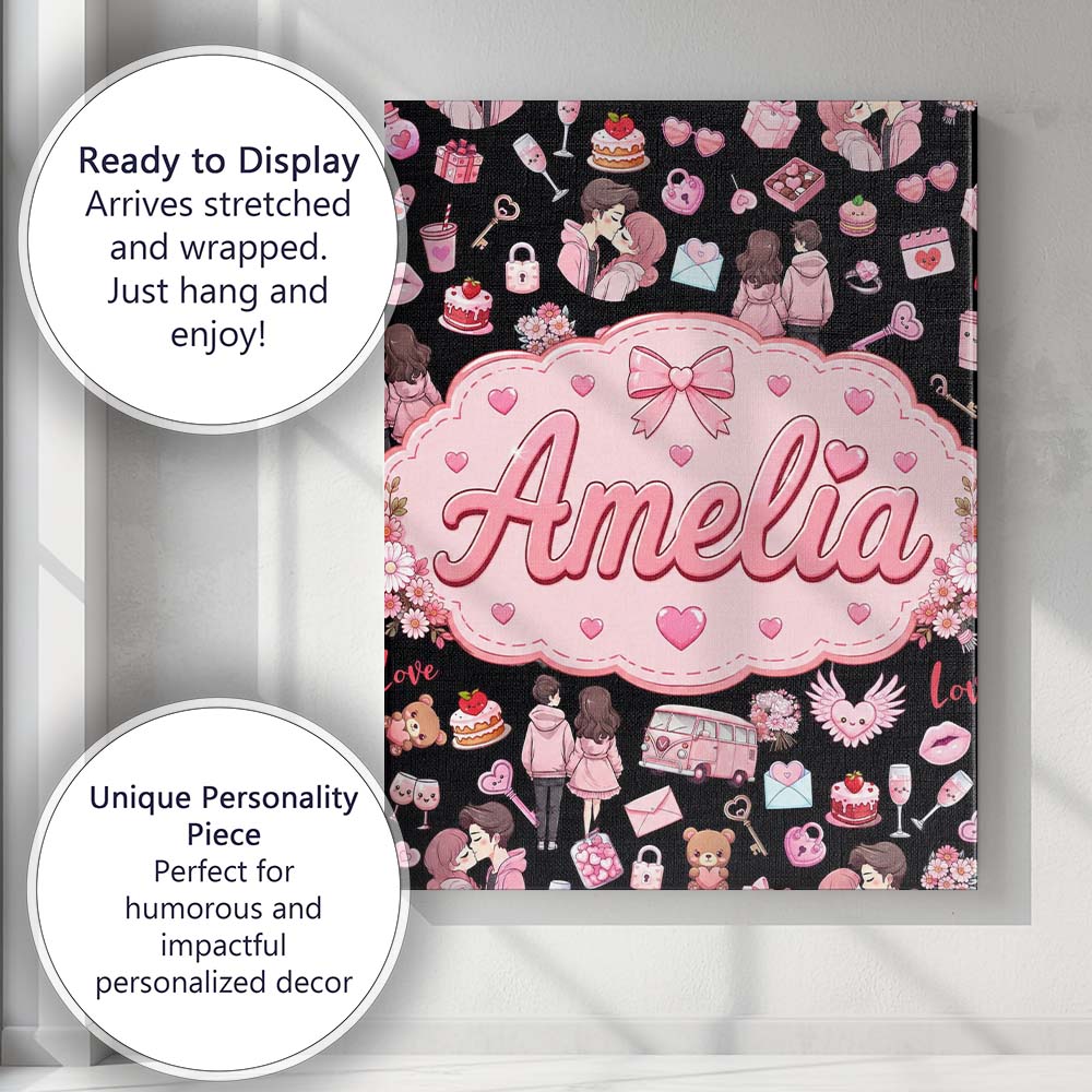 Personalised Name Cute Valentines Couple Custom  Unique Gift Idea Elegant Feature Canvas Wall Art Print Decor Picture Ready to Hang