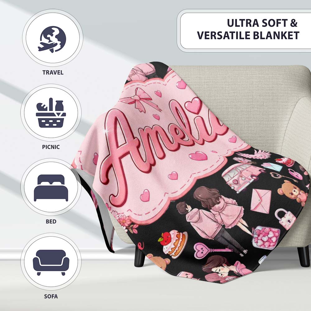 Cute Valentines Couple Love Gifts Hearts Black Background Seamless  Personalised Custom Name Super Soft Fleece Blanket Bed Sofa Throw