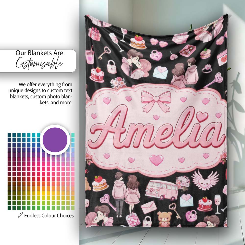 Cute Valentines Couple Love Gifts Hearts Black Background Seamless  Personalised Custom Name Super Soft Fleece Blanket Bed Sofa Throw