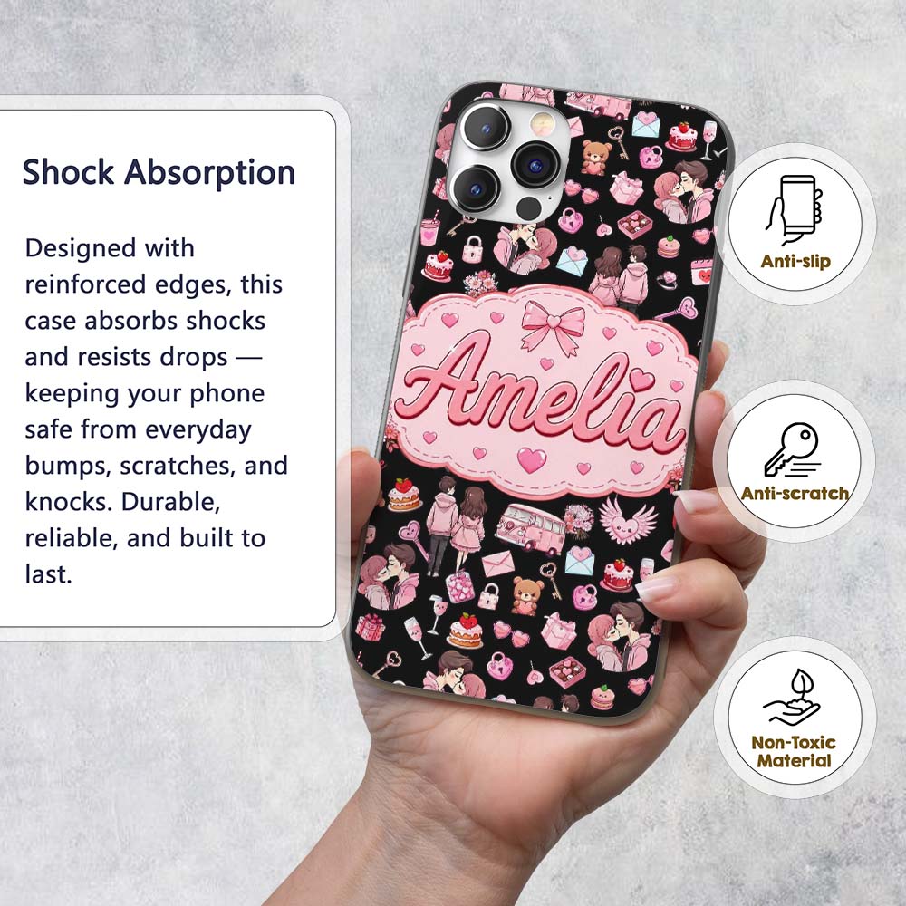 Cute Valentines Couple Love Gifts Hearts Black Custom Name Protective Phone Case Mobile Cover Durable Everyday Smartphone Shock Resistant