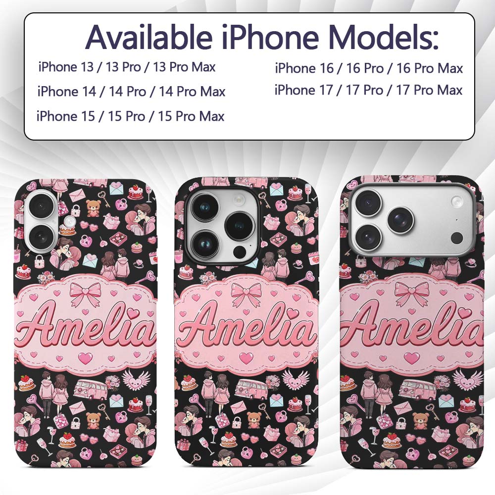 Cute Valentines Couple Love Gifts Hearts Black Custom Name Protective Phone Case Mobile Cover Durable Everyday Smartphone Shock Resistant