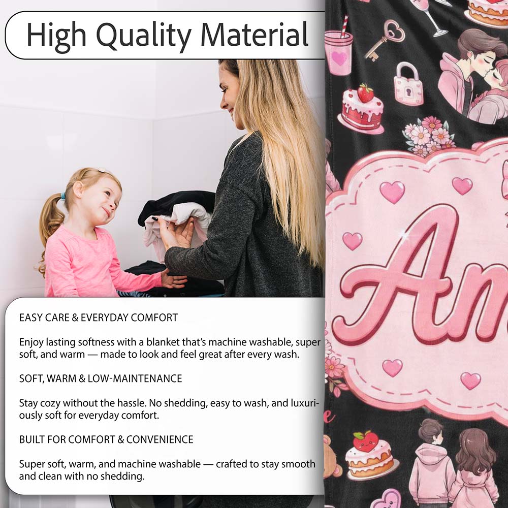 Cute Valentines Couple Love Gifts Hearts Black Background Seamless  Personalised Custom Name Super Soft Fleece Blanket Bed Sofa Throw