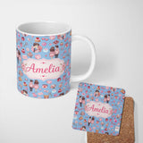 Personalized Custom Name Cute Valentines Couple Love Gifts Hearts Blue Background Seamless 11oz Ceramic Coffee Tea Mug White Large Handle