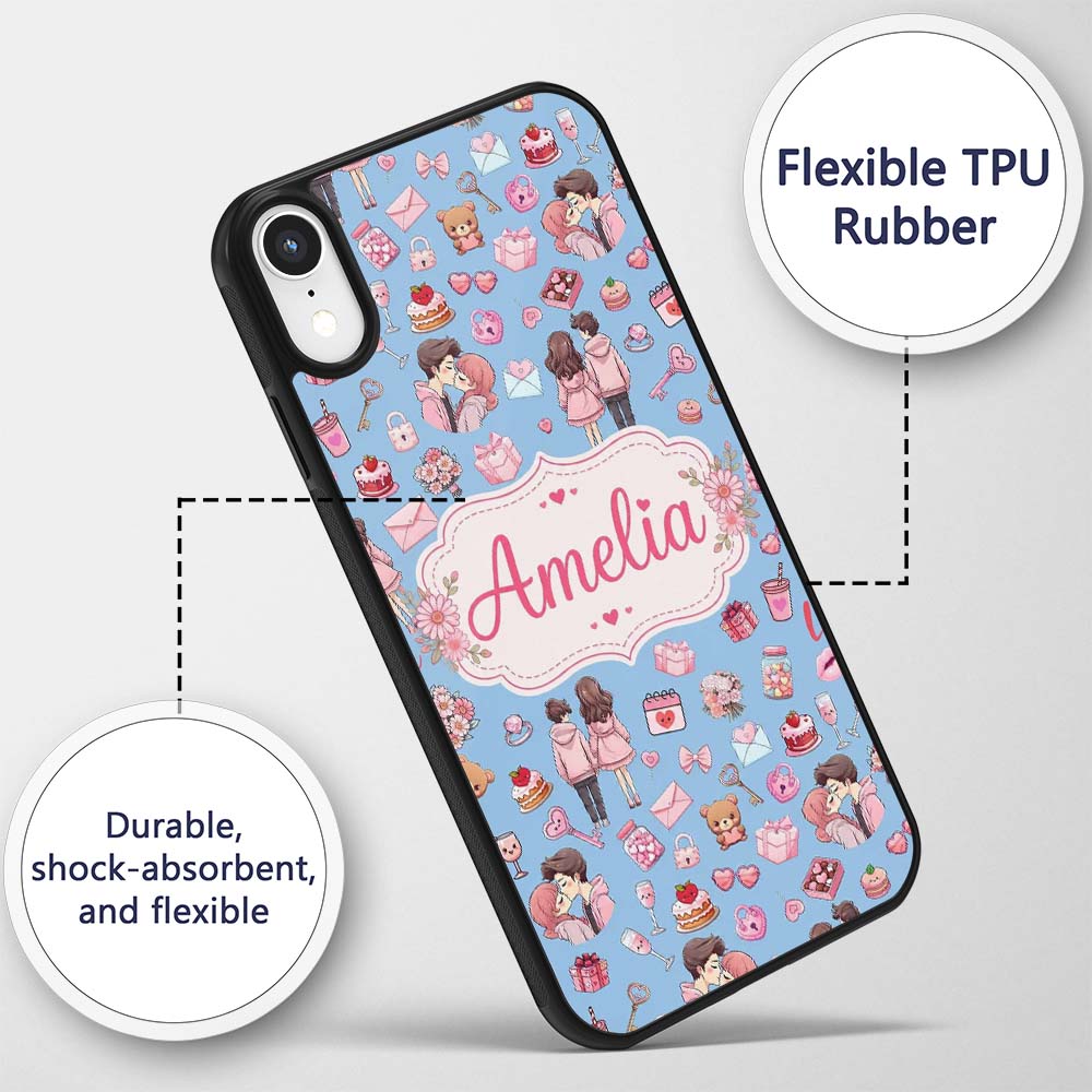 Cute Valentines Couple Love Gifts Hearts Blue Custom Name Protective Phone Case Mobile Cover Durable Everyday Smartphone Shock Resistant