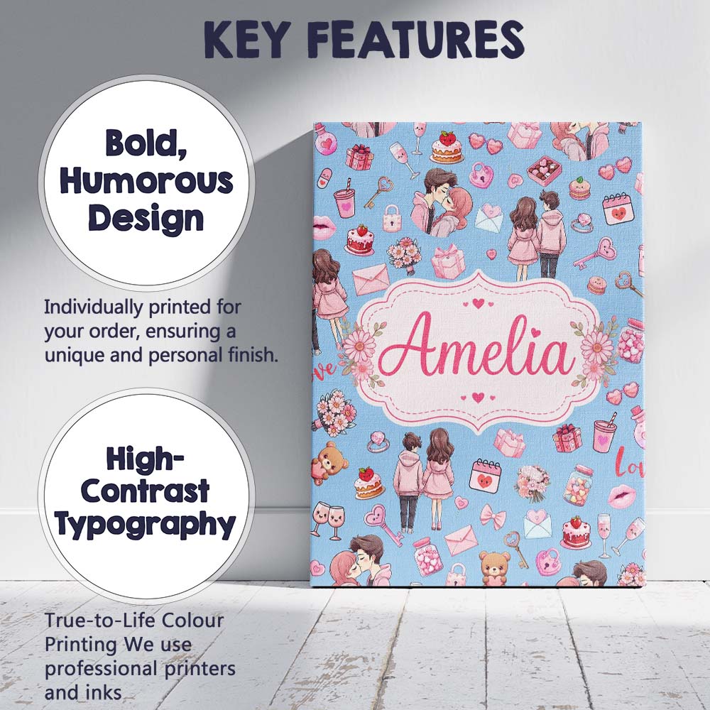 Personalised Name Cute Valentines Couple Custom  Unique Gift Idea Elegant Feature Canvas Wall Art Print Decor Picture Ready to Hang
