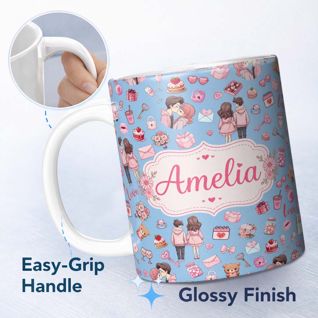 Personalized Custom Name Cute Valentines Couple Love Gifts Hearts Blue Background Seamless 11oz Ceramic Coffee Tea Mug White Large Handle
