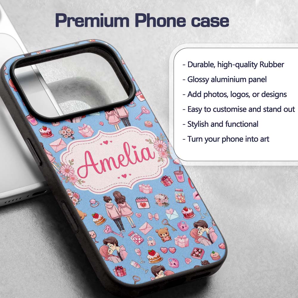 Cute Valentines Couple Love Gifts Hearts Blue Custom Name Protective Phone Case Mobile Cover Durable Everyday Smartphone Shock Resistant