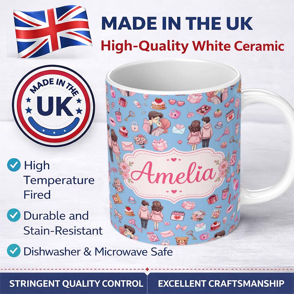Personalized Custom Name Cute Valentines Couple Love Gifts Hearts Blue Background Seamless 11oz Ceramic Coffee Tea Mug White Large Handle