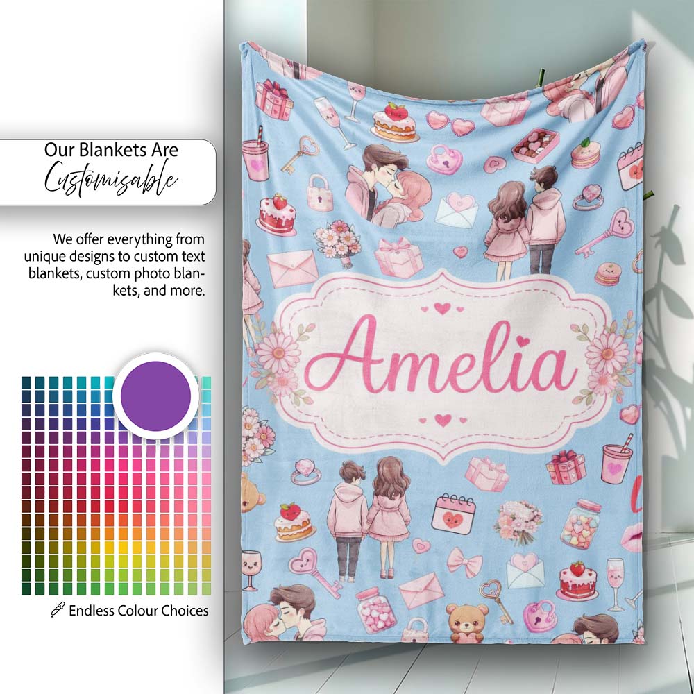 Cute Valentines Couple Love Gifts Hearts Blue Background Seamless  Personalised Custom Name Super Soft Fleece Blanket Bed Sofa Throw
