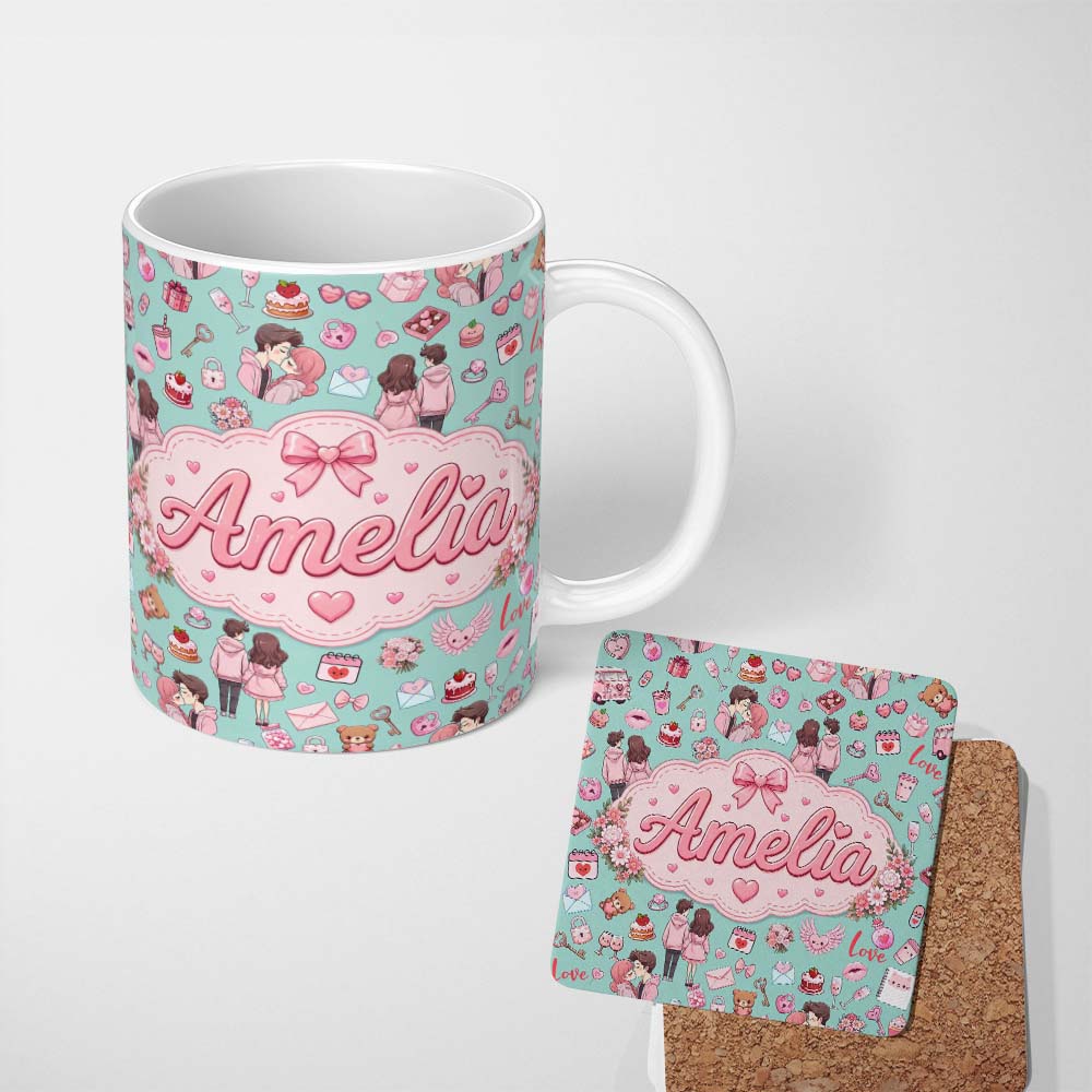 Personalized Custom Name Cute Valentines Couple Love Gifts Hearts Mint Background Seamless 11oz Ceramic Coffee Tea Mug White Large Handle