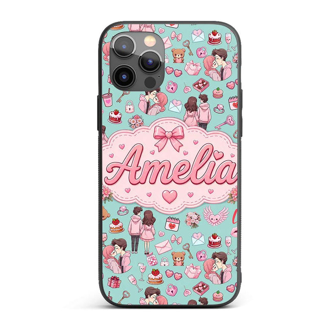 Cute Valentines Couple Love Gifts Hearts Mint Custom Name Protective Phone Case Mobile Cover Durable Everyday Smartphone Shock Resistant