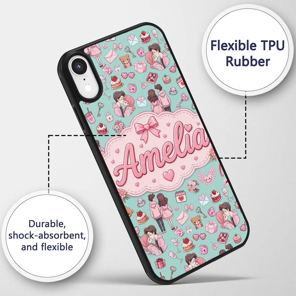 Cute Valentines Couple Love Gifts Hearts Mint Custom Name Protective Phone Case Mobile Cover Durable Everyday Smartphone Shock Resistant