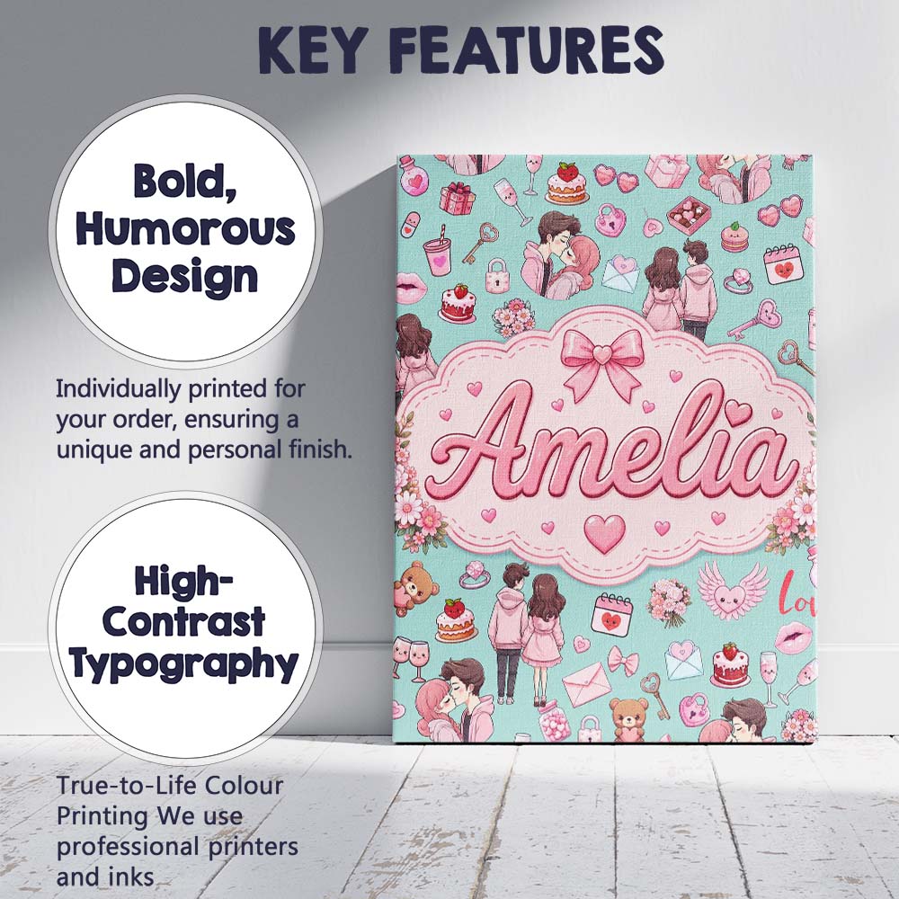 Personalised Name Cute Valentines Couple Custom  Unique Gift Idea Elegant Feature Canvas Wall Art Print Decor Picture Ready to Hang