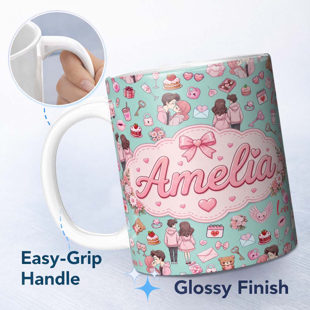 Personalized Custom Name Cute Valentines Couple Love Gifts Hearts Mint Background Seamless 11oz Ceramic Coffee Tea Mug White Large Handle