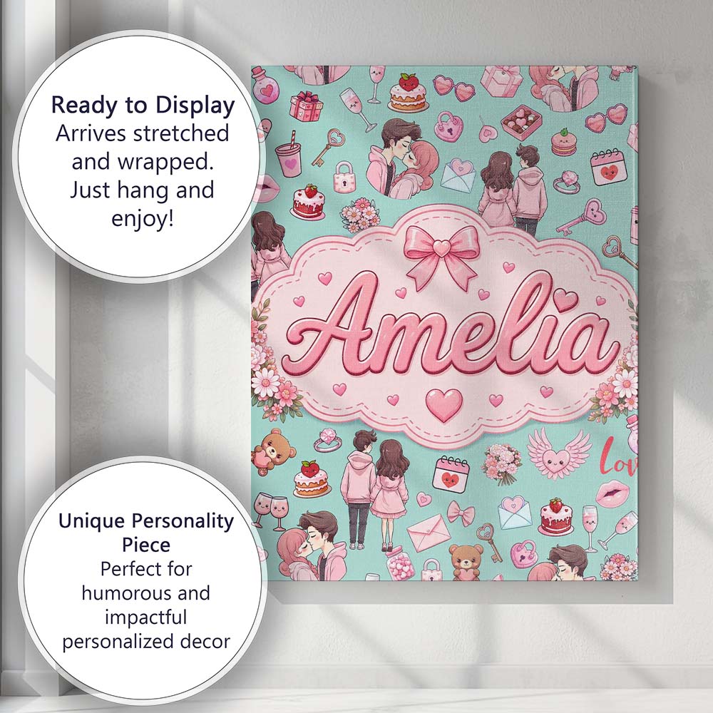 Personalised Name Cute Valentines Couple Custom  Unique Gift Idea Elegant Feature Canvas Wall Art Print Decor Picture Ready to Hang