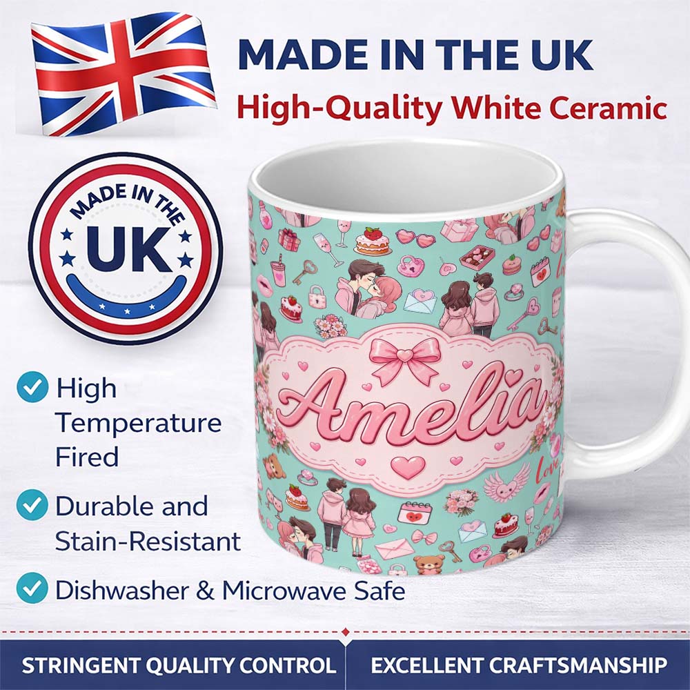 Personalized Custom Name Cute Valentines Couple Love Gifts Hearts Mint Background Seamless 11oz Ceramic Coffee Tea Mug White Large Handle