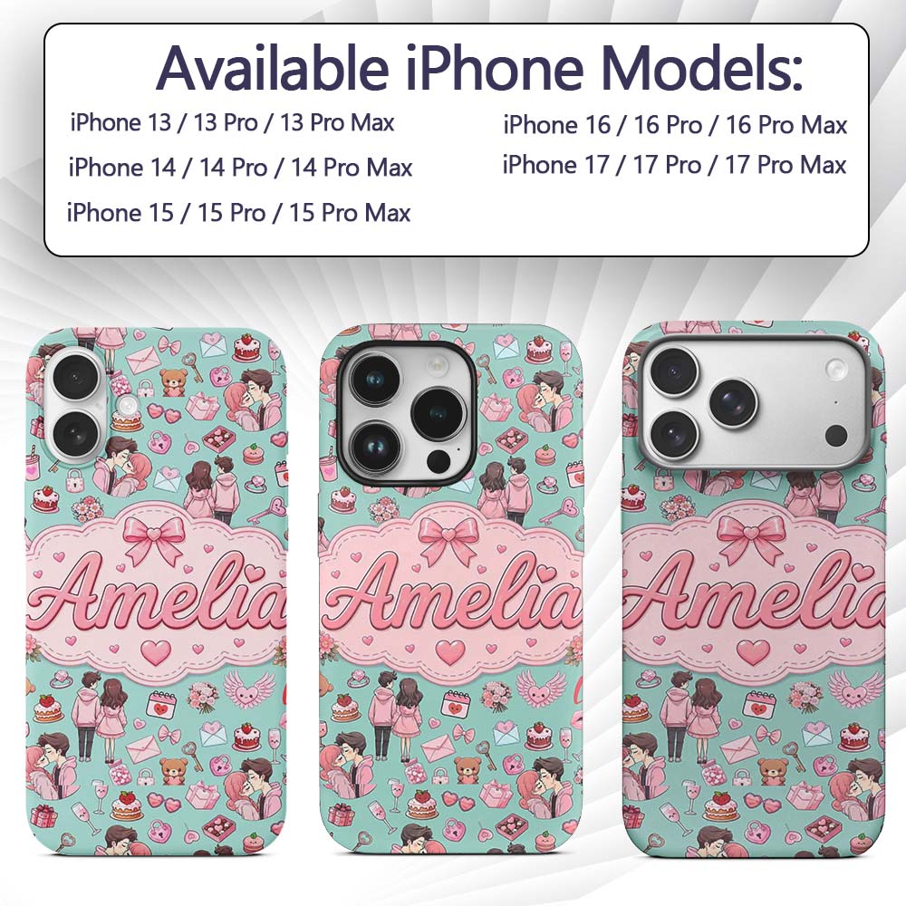 Cute Valentines Couple Love Gifts Hearts Mint Custom Name Protective Phone Case Mobile Cover Durable Everyday Smartphone Shock Resistant