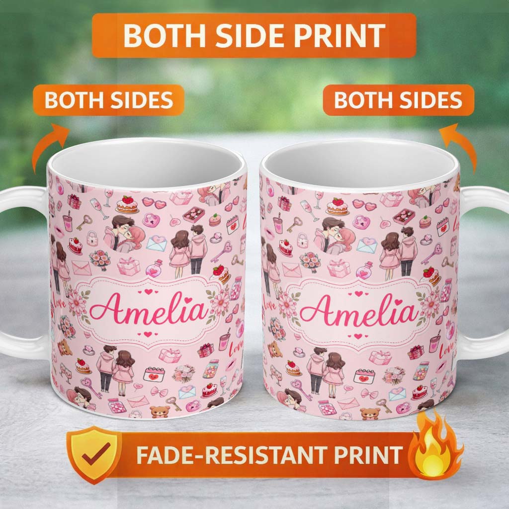Personalized Custom Name Cute Valentines Couple Love Gifts Light Pink Background Seamless 11oz Ceramic Coffee Tea Mug White Large Handle
