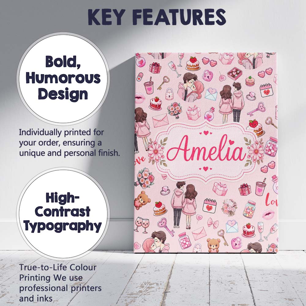Personalised Name Cute Valentines Couple Custom  Unique Gift Idea Elegant Feature Canvas Wall Art Print Decor Picture Ready to Hang