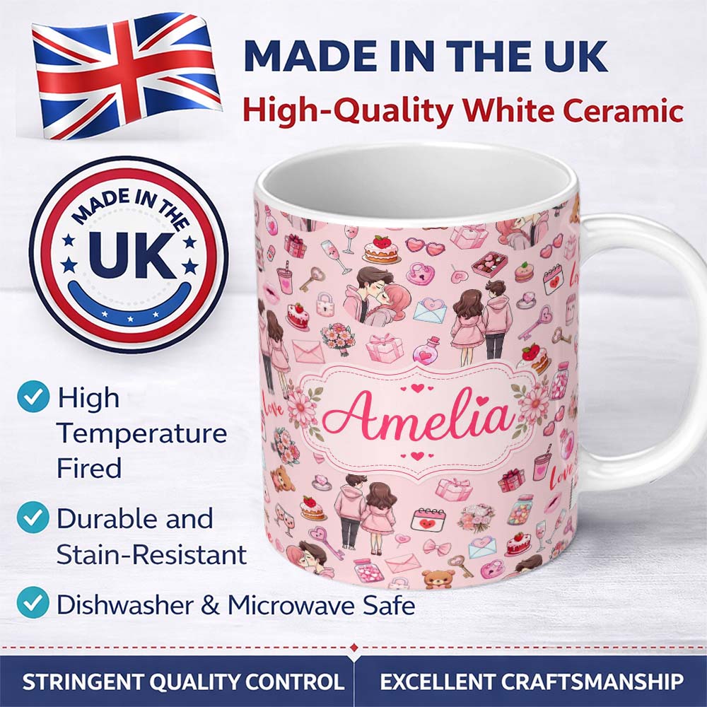 Personalized Custom Name Cute Valentines Couple Love Gifts Light Pink Background Seamless 11oz Ceramic Coffee Tea Mug White Large Handle