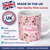 Personalized Custom Name Cute Valentines Couple Love Gifts Light Pink Background Seamless 11oz Ceramic Coffee Tea Mug White Large Handle
