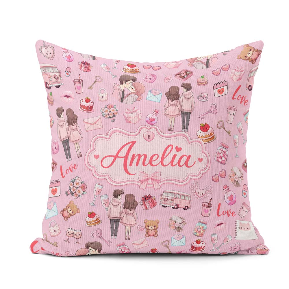 Custom Name Valentines Couple Icon Hearts Soft Pink Background Square Filled Cushion Throw Pillow Sofa Bed Home Decor Zip Washable UK Made