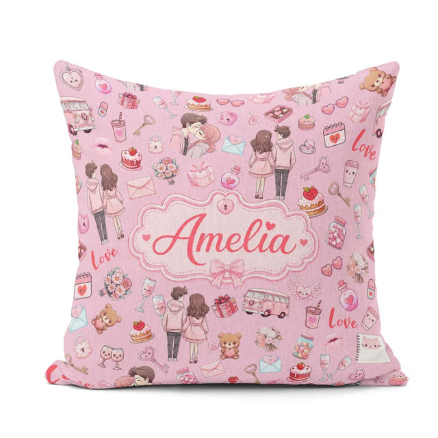 Custom Name Valentines Couple Icon Hearts Soft Pink Background Square Filled Cushion Throw Pillow Sofa Bed Home Decor Zip Washable UK Made