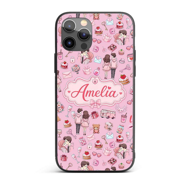 Cute Valentines Couple Love Icon Hearts Soft Pink Custom Name Protective Phone Case Mobile Cover Durable Everyday Smartphone Shock Resistant