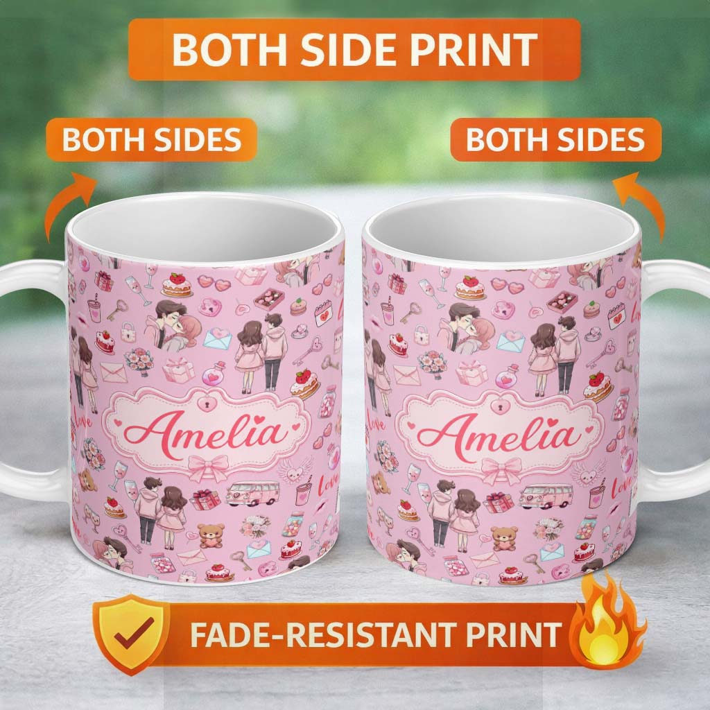 Personalized Custom Name Cute Valentines Couple Love Icon Hearts Soft Pink Background 11oz Ceramic Coffee Tea Mug White Large Handle