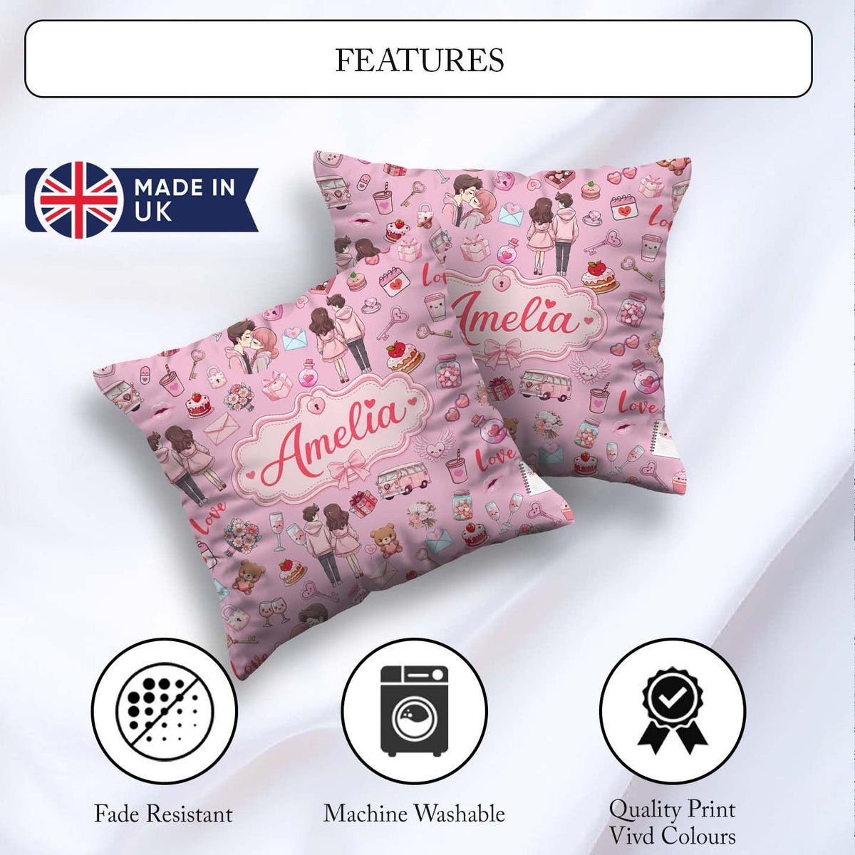 Custom Name Valentines Couple Icon Hearts Soft Pink Background Square Filled Cushion Throw Pillow Sofa Bed Home Decor Zip Washable UK Made