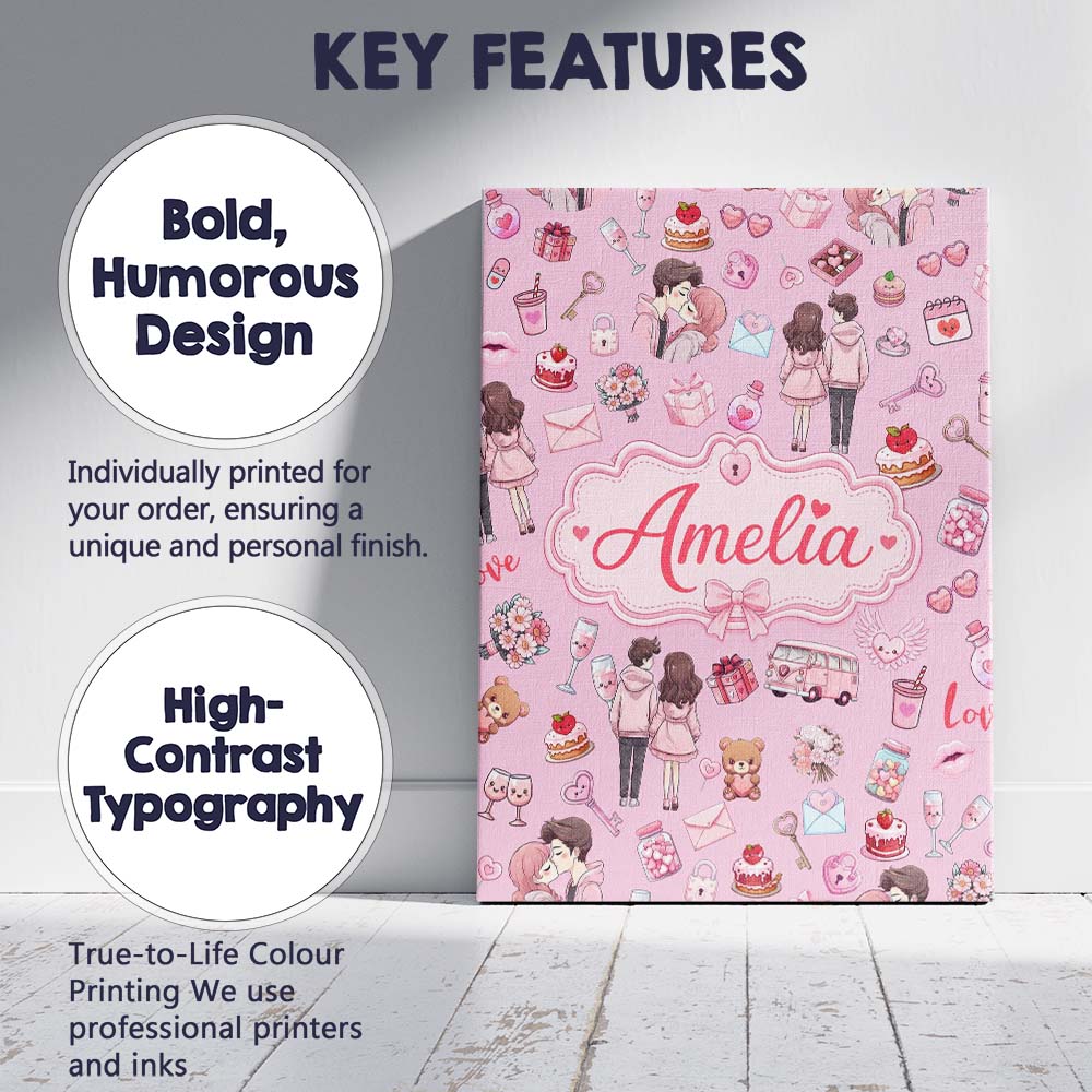Personalised Name Cute Valentines Couple Custom  Unique Gift Idea Elegant Feature Canvas Wall Art Print Decor Picture Ready to Hang