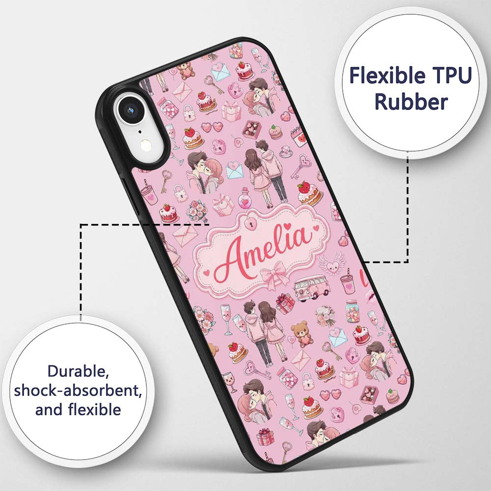Cute Valentines Couple Love Icon Hearts Soft Pink Custom Name Protective Phone Case Mobile Cover Durable Everyday Smartphone Shock Resistant