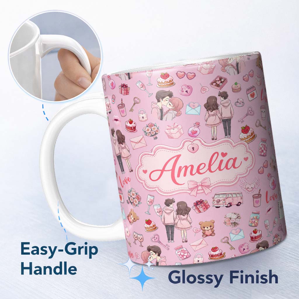 Personalized Custom Name Cute Valentines Couple Love Icon Hearts Soft Pink Background 11oz Ceramic Coffee Tea Mug White Large Handle