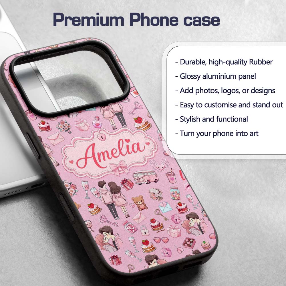Cute Valentines Couple Love Icon Hearts Soft Pink Custom Name Protective Phone Case Mobile Cover Durable Everyday Smartphone Shock Resistant