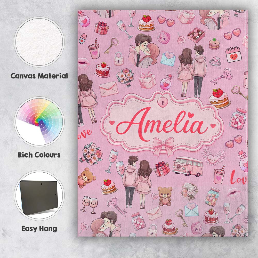 Personalised Name Cute Valentines Couple Custom  Unique Gift Idea Elegant Feature Canvas Wall Art Print Decor Picture Ready to Hang