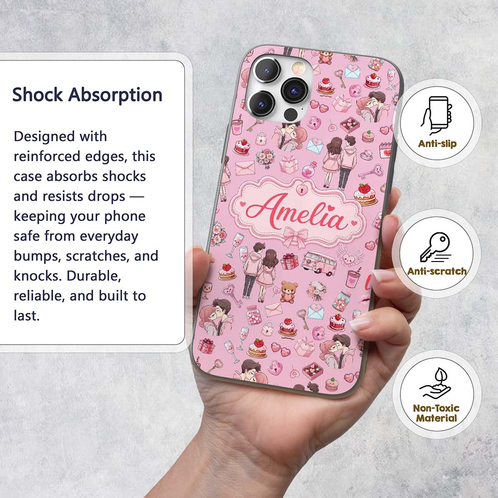 Cute Valentines Couple Love Icon Hearts Soft Pink Custom Name Protective Phone Case Mobile Cover Durable Everyday Smartphone Shock Resistant